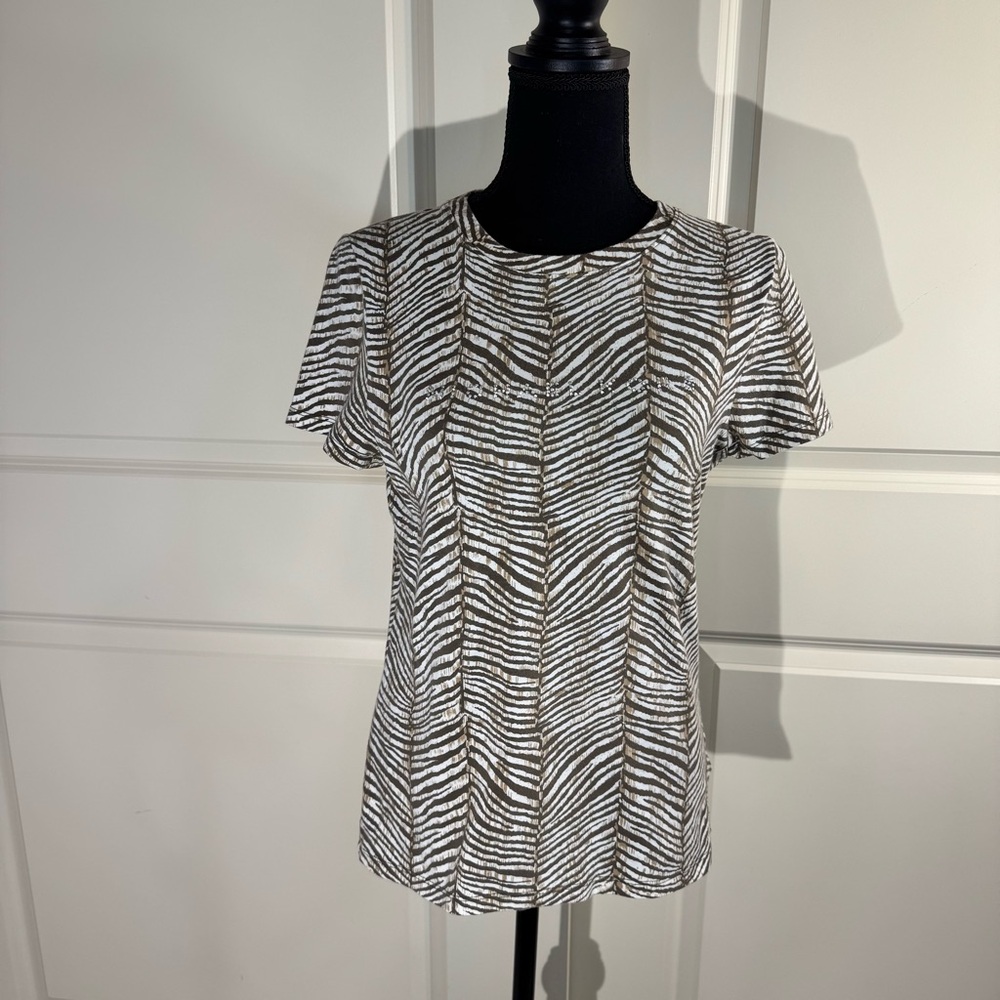 Michael Kors Zebra Stripe Studded Logo Short Sleeve Top Medium